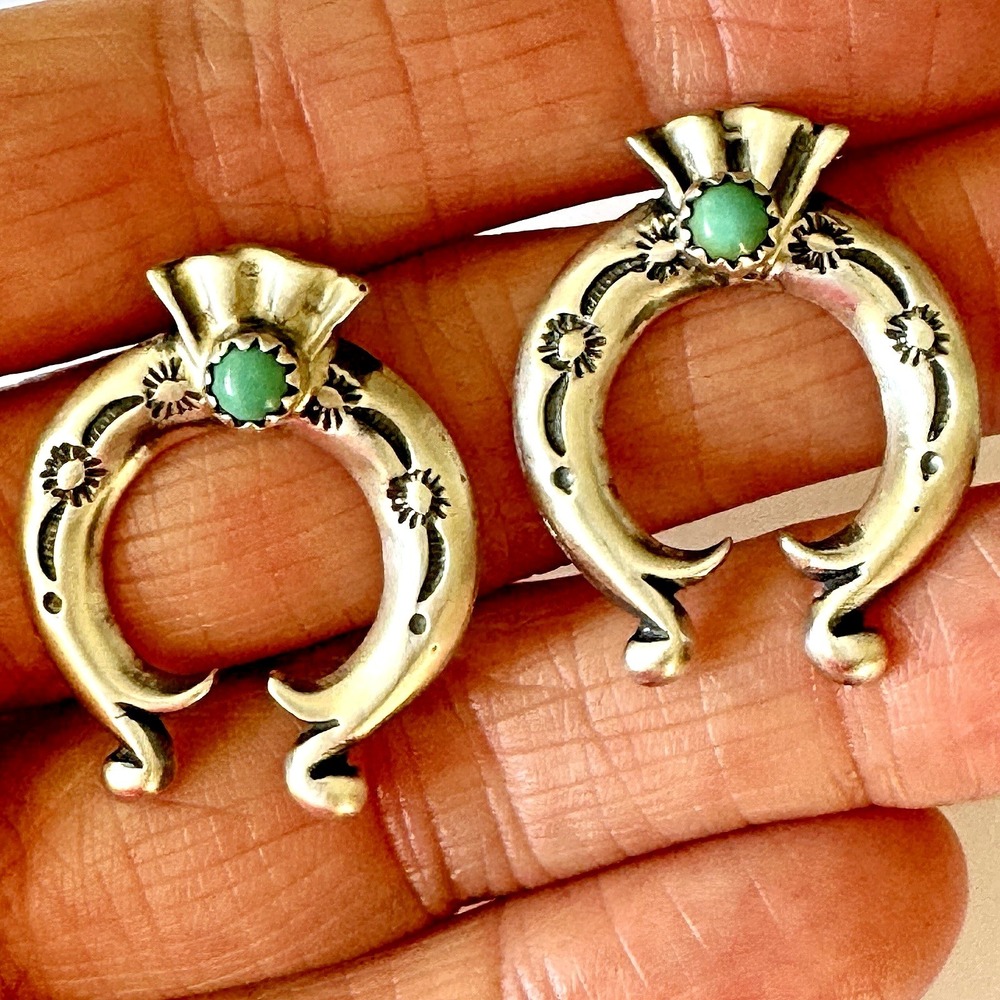 Navajo Naja Turquoise Earrings 1in Sterling Post Stud Squash Blossom Native 925